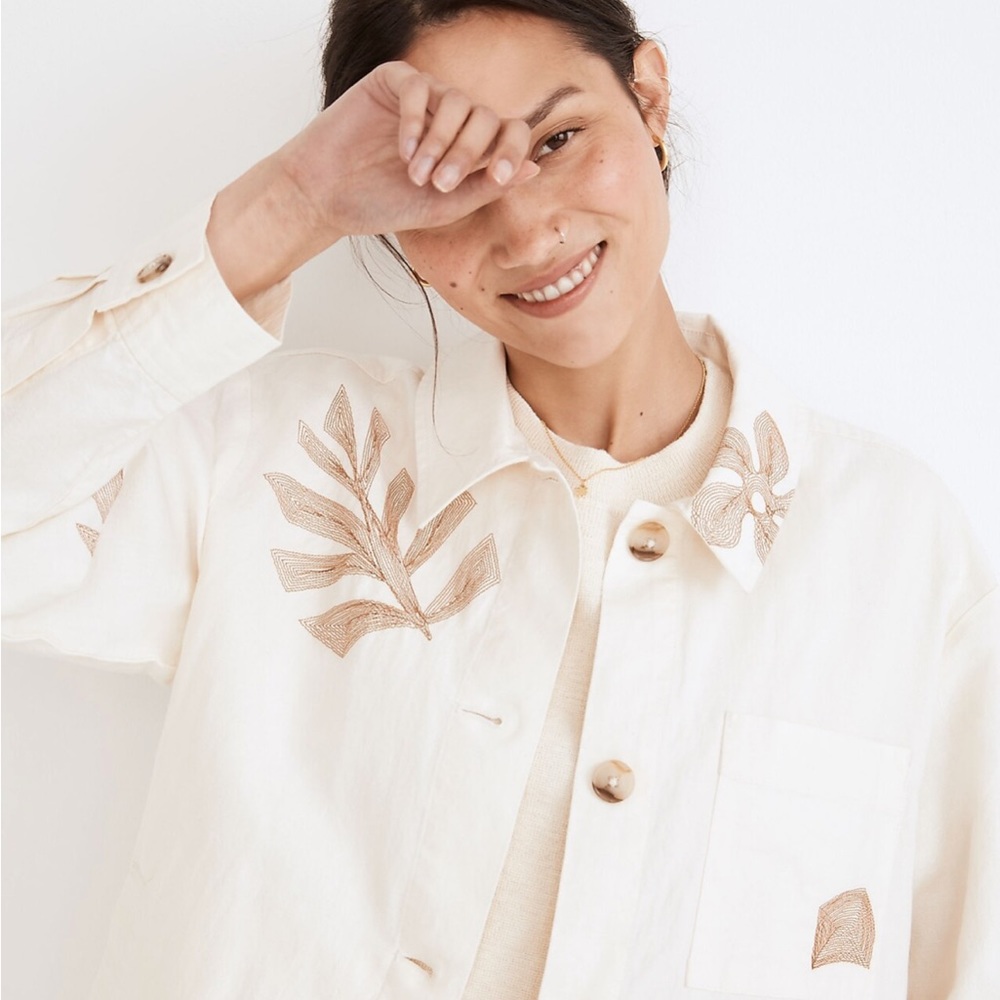 Madewell Embroidered Linen Crop Shirt-Jacket in Tropicale Floral (XL)